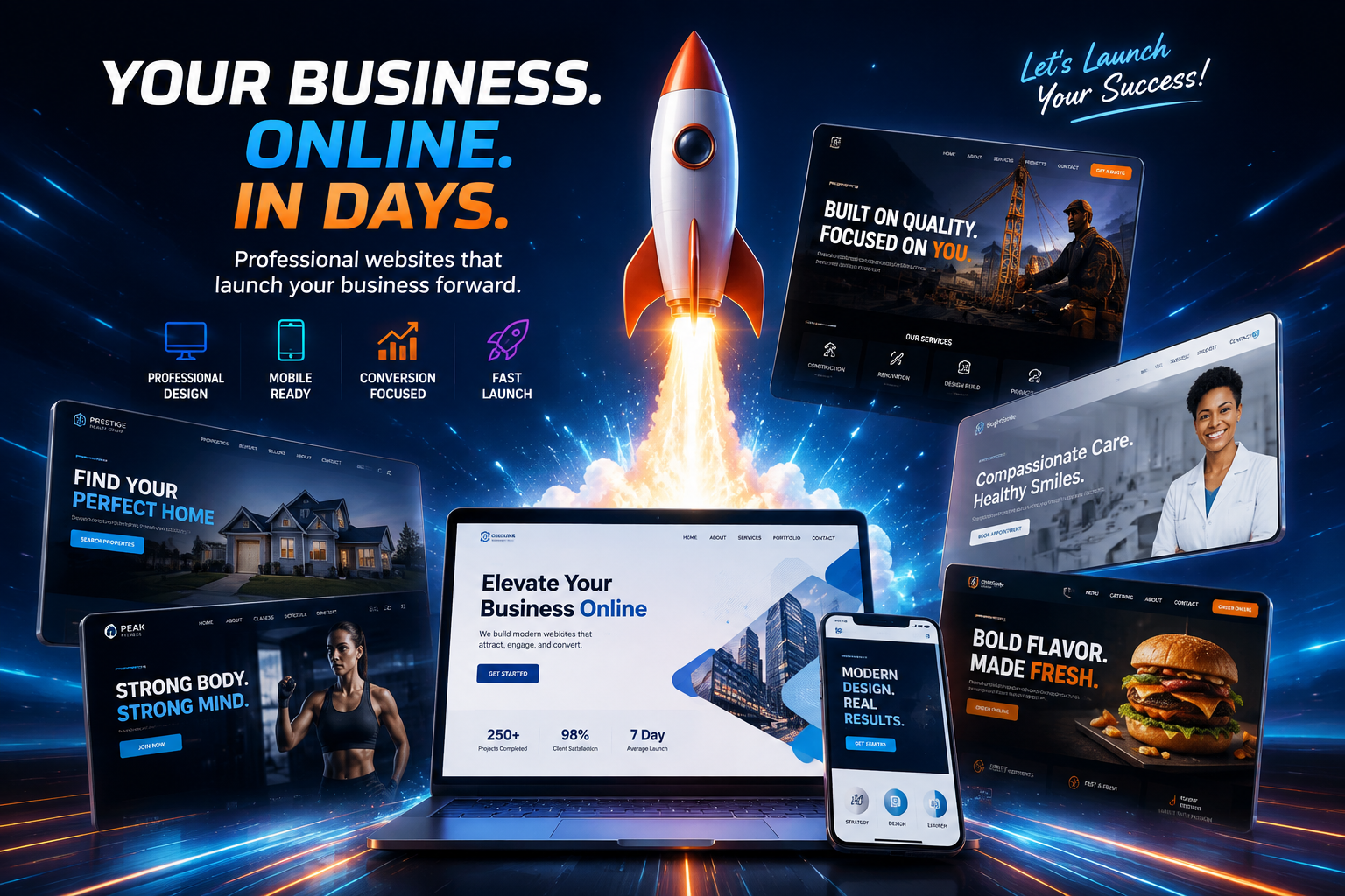 Professional business website shown on laptop and mobile device mockups